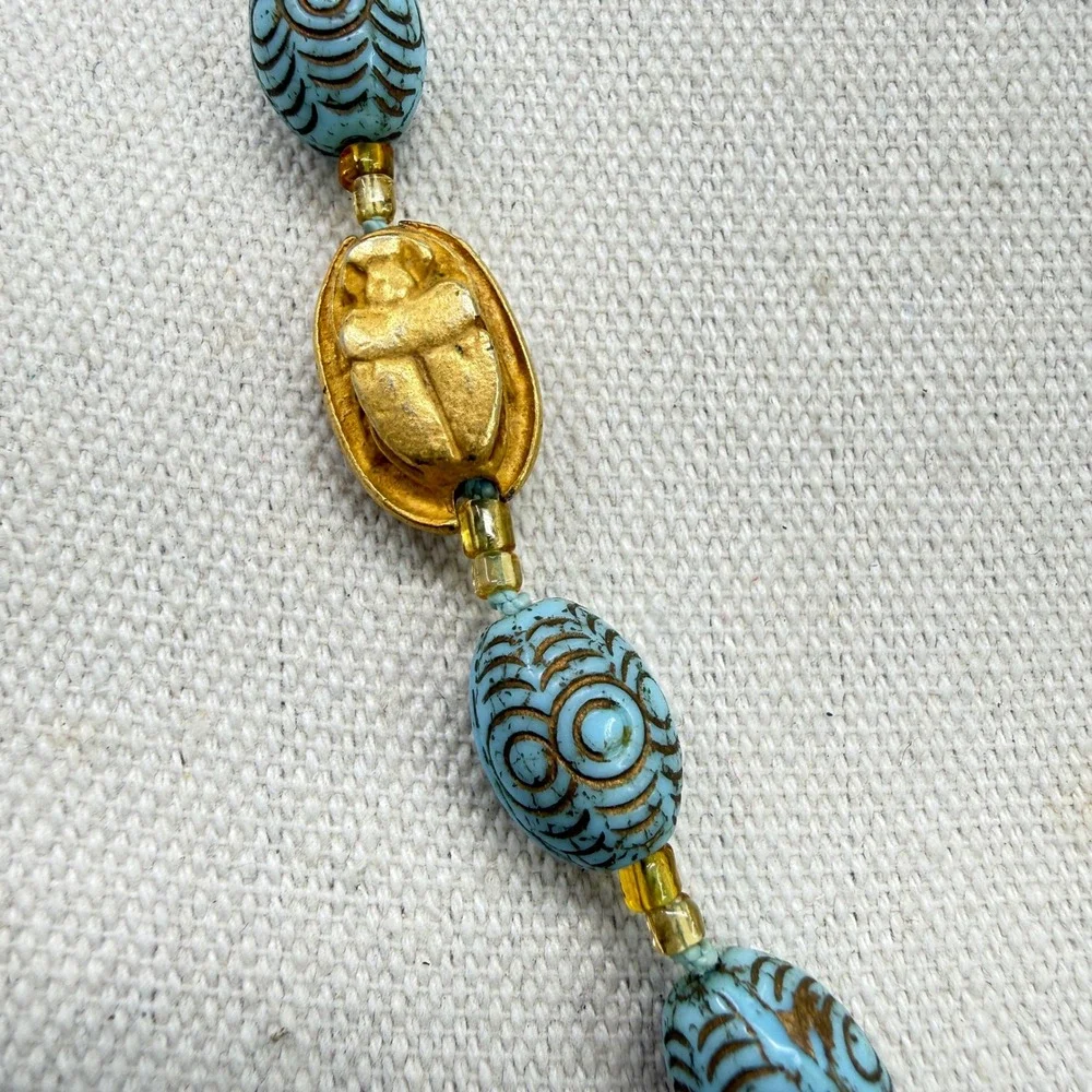 Vintage Egyptian‎ Revival Faience Ceramic Bead Gold Scarab Necklace